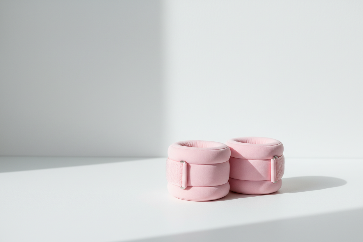 Pastel pink ankle weights on a clean white surface