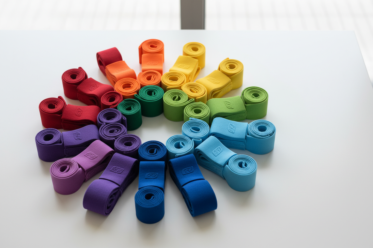 Colorful resistance bands set arranged on a clean white surface