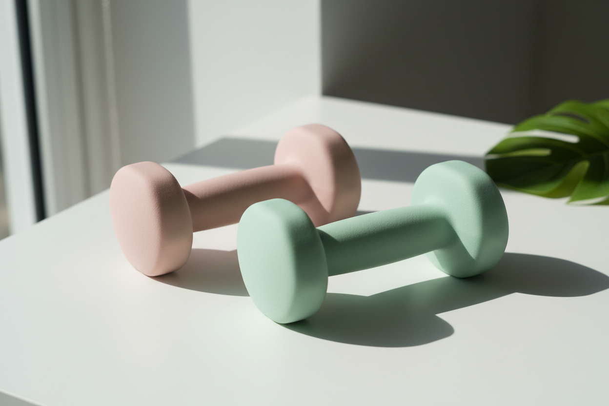 Pastel pilates hand weights on a clean white surface